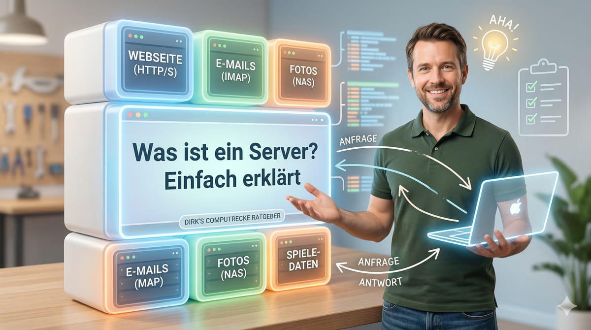 Illustration zum Thema Server einfach erklärt mit Beispielen für Webseiten, E-Mails und Fotos.
