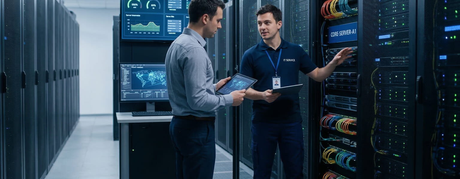 Zwei Personen in einem modernen Rechenzentrum vor beleuchteten Server-Racks.