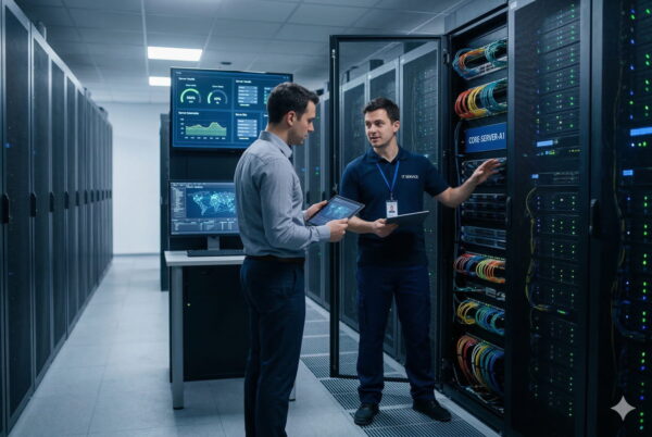 Zwei Personen in einem modernen Rechenzentrum vor beleuchteten Server-Racks.