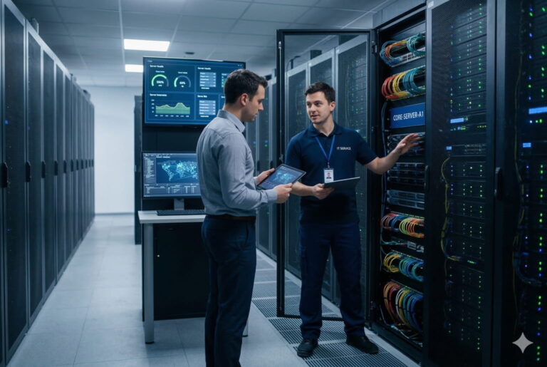 Zwei Personen in einem modernen Rechenzentrum vor beleuchteten Server-Racks.