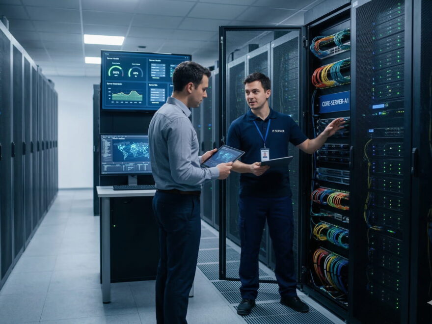 Zwei Personen in einem modernen Rechenzentrum vor beleuchteten Server-Racks.