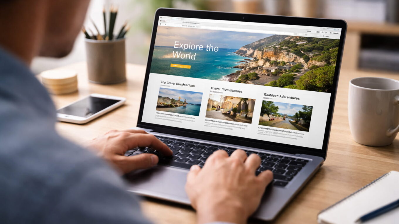 Person ruft auf einem Laptop eine Website im Browser auf und betrachtet Inhalte im Internet