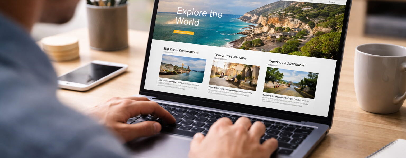 Person ruft auf einem Laptop eine Website im Browser auf und betrachtet Inhalte im Internet
