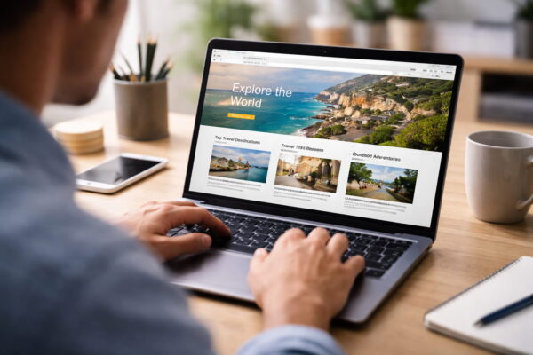 Person ruft auf einem Laptop eine Website im Browser auf und betrachtet Inhalte im Internet