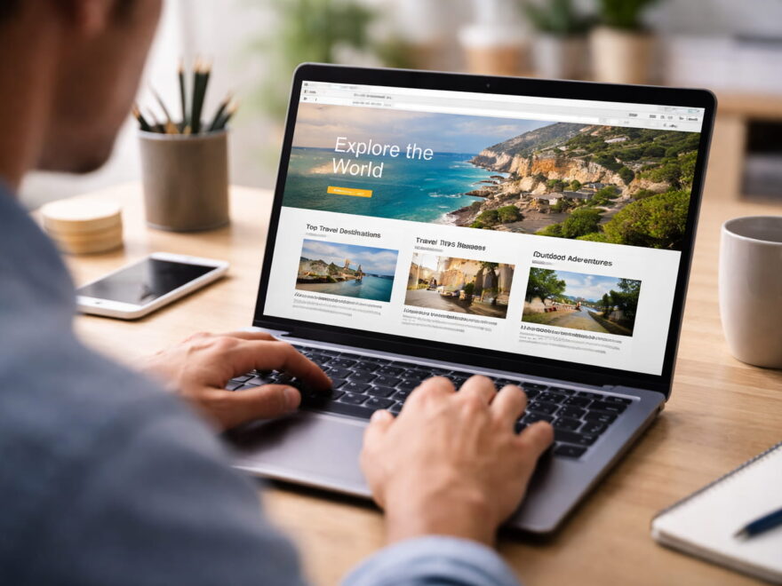 Person ruft auf einem Laptop eine Website im Browser auf und betrachtet Inhalte im Internet