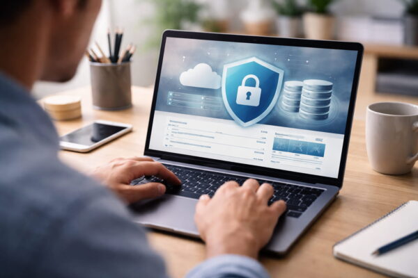 Person arbeitet am Laptop mit Darstellung von Website-Sicherheit und Backups zum Schutz von Daten im Internet