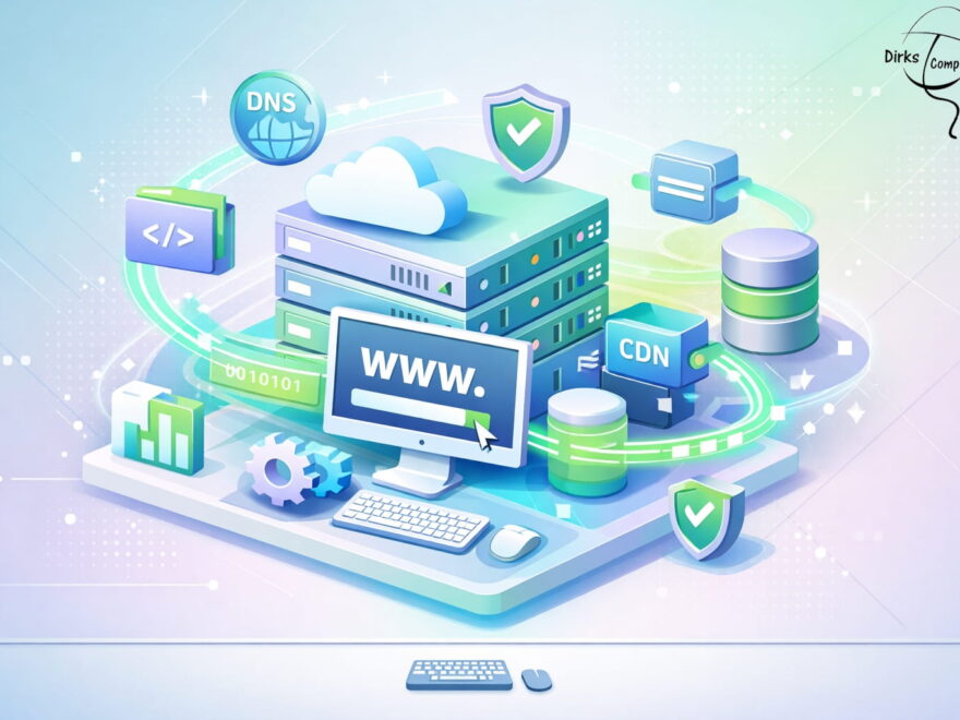 3D Illustration zeigt Server, Cloud und Datenströme zur Erklärung, wie Websites im Internet gespeichert und über Hosting ausgeliefert werden