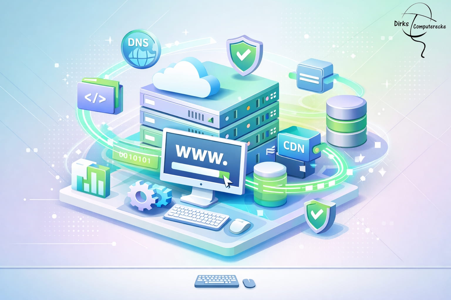 3D Illustration zeigt Server, Cloud und Datenströme zur Erklärung, wie Websites im Internet gespeichert und über Hosting ausgeliefert werden