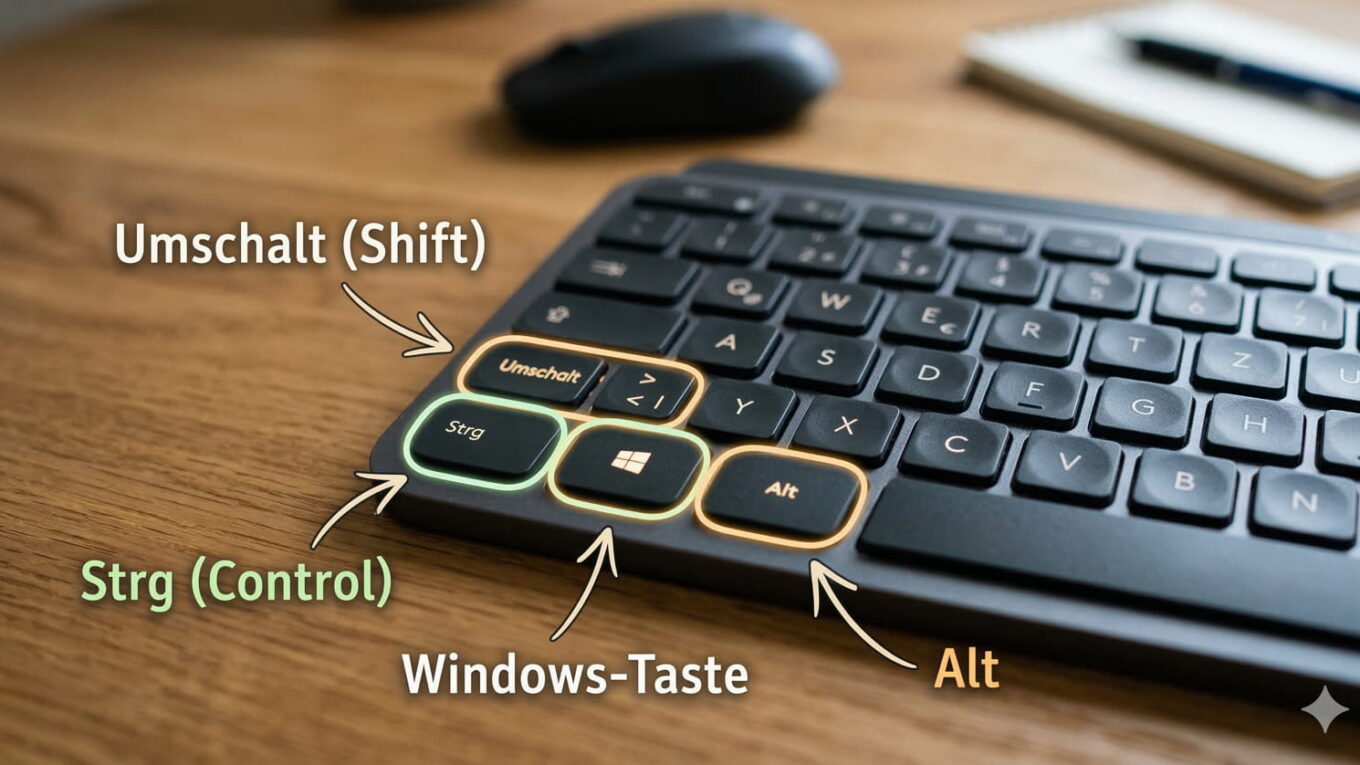 Foto einer Tastatur, auf der die Tasten Strg, Windows, Alt und Umschalt farbig markiert sind.