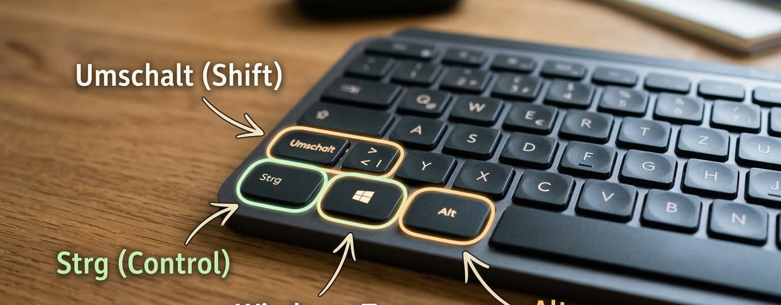 Foto einer Tastatur, auf der die Tasten Strg, Windows, Alt und Umschalt farbig markiert sind.