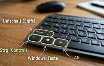 Foto einer Tastatur, auf der die Tasten Strg, Windows, Alt und Umschalt farbig markiert sind.