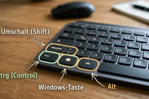 Foto einer Tastatur, auf der die Tasten Strg, Windows, Alt und Umschalt farbig markiert sind.