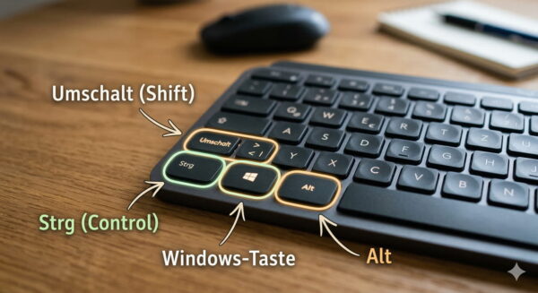 Foto einer Tastatur, auf der die Tasten Strg, Windows, Alt und Umschalt farbig markiert sind.