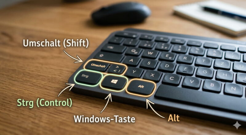 Foto einer Tastatur, auf der die Tasten Strg, Windows, Alt und Umschalt farbig markiert sind.