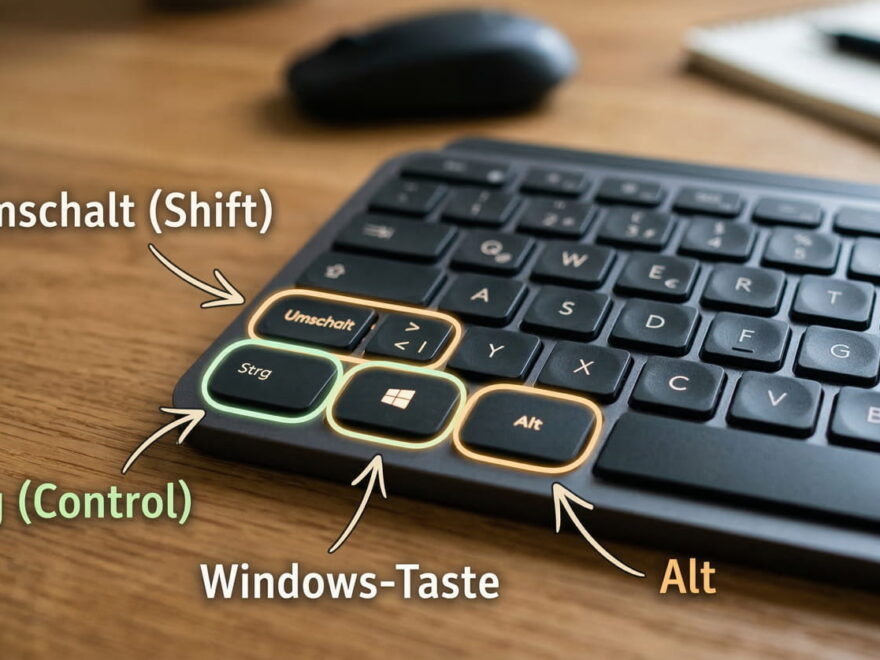 Foto einer Tastatur, auf der die Tasten Strg, Windows, Alt und Umschalt farbig markiert sind.