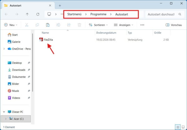 Windows Autostart Ordner mit Programm-Verknüpfung