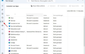 Screenshot des Windows 11 Task-Managers im Bereich Autostart von Apps mit roter Markierung der Navigation.