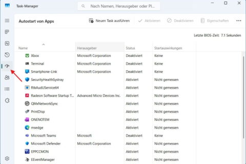 Screenshot des Windows 11 Task-Managers im Bereich Autostart von Apps mit roter Markierung der Navigation.