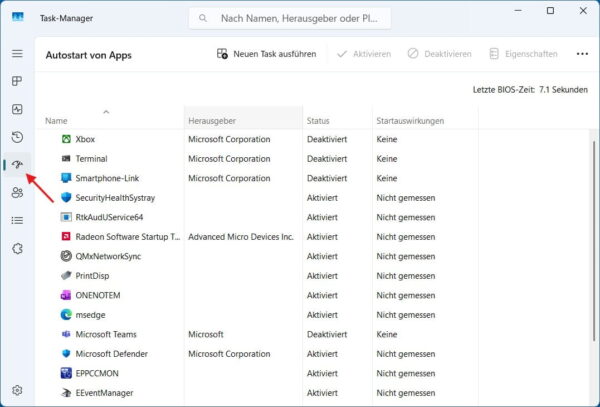 Autostart-Programme in Windows 11 verwalten Screenshot des Windows 11 Task-Managers im Bereich Autostart von Apps mit roter Markierung der Navigation.