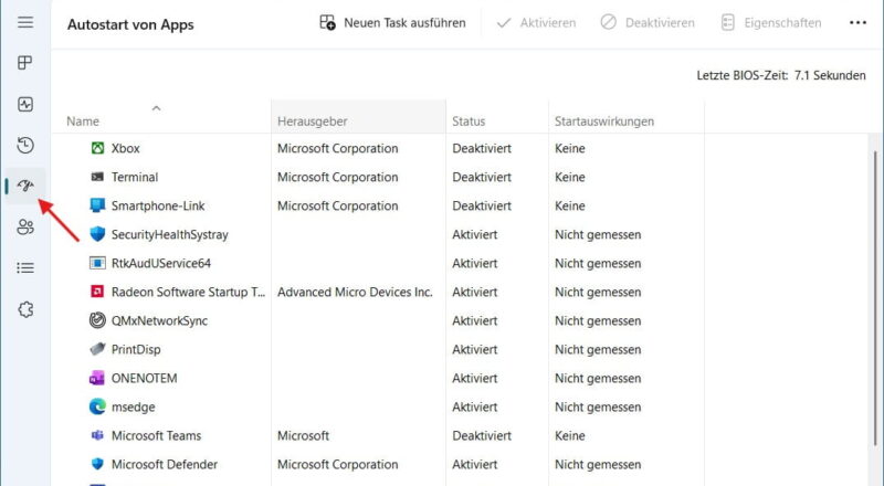 Screenshot des Windows 11 Task-Managers im Bereich Autostart von Apps mit roter Markierung der Navigation.
