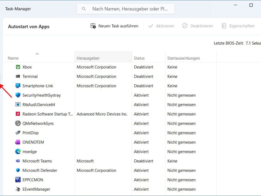 Screenshot des Windows 11 Task-Managers im Bereich Autostart von Apps mit roter Markierung der Navigation.