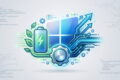Abstrakte Grafik zur Windows 11 Energieoptimierung mit Akku-Symbol, Zahnrad und Leistungs-Pfeilen vor einem Windows-Logo.