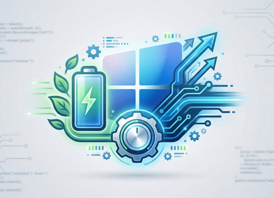 Abstrakte Grafik zur Windows 11 Energieoptimierung mit Akku-Symbol, Zahnrad und Leistungs-Pfeilen vor einem Windows-Logo.
