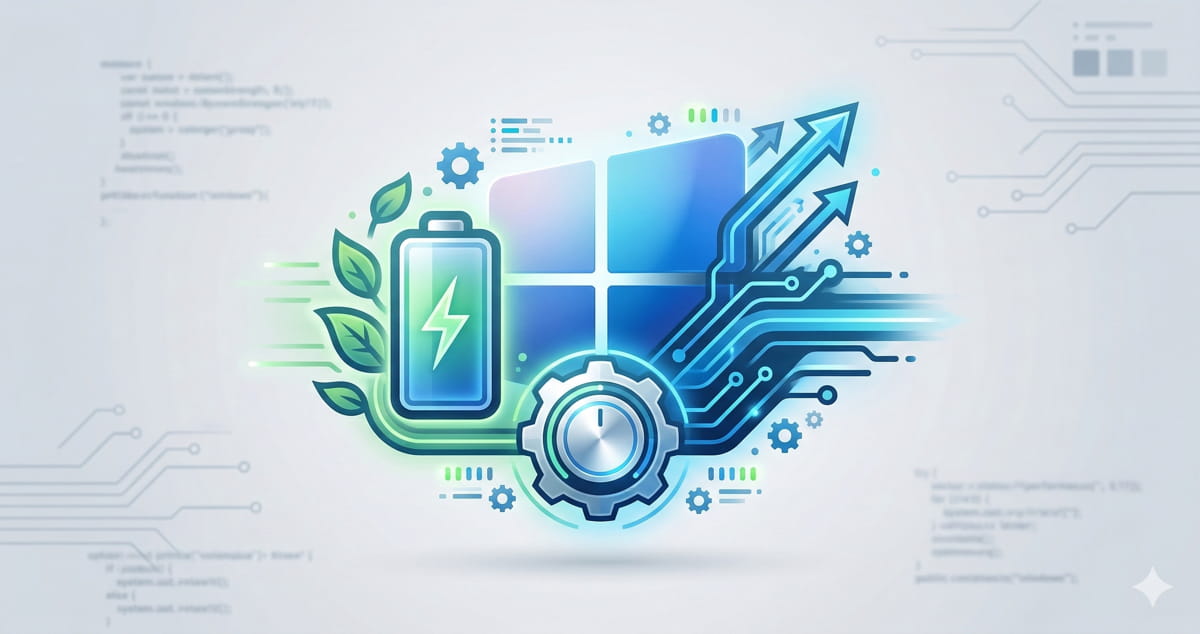 Abstrakte Grafik zur Windows 11 Energieoptimierung mit Akku-Symbol, Zahnrad und Leistungs-Pfeilen vor einem Windows-Logo.
