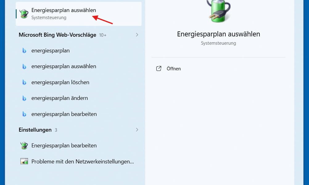 Windows 11 Suche nach Energiesparplan auswählen in der Systemsteuerung