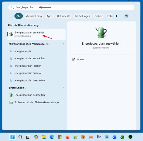 Energiesparplan unter Windows 11 suchen Windows 11 Suche nach Energiesparplan auswählen in der Systemsteuerung