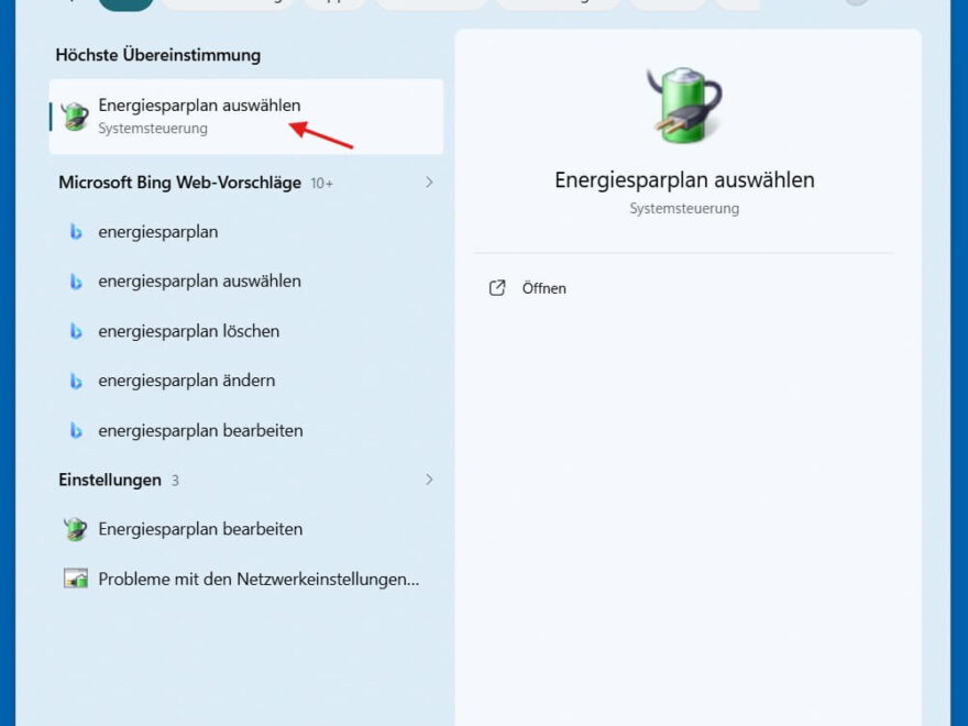 Windows 11 Suche nach Energiesparplan auswählen in der Systemsteuerung