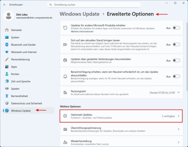 Optionale Treiber-Updates in Windows 11 finden Screenshot der Windows 11 Update-Einstellungen. Gezeigt wird der Pfad über Windows Update zu den Erweiterten Optionen und der Bereich für optionale Treiber-Updates.