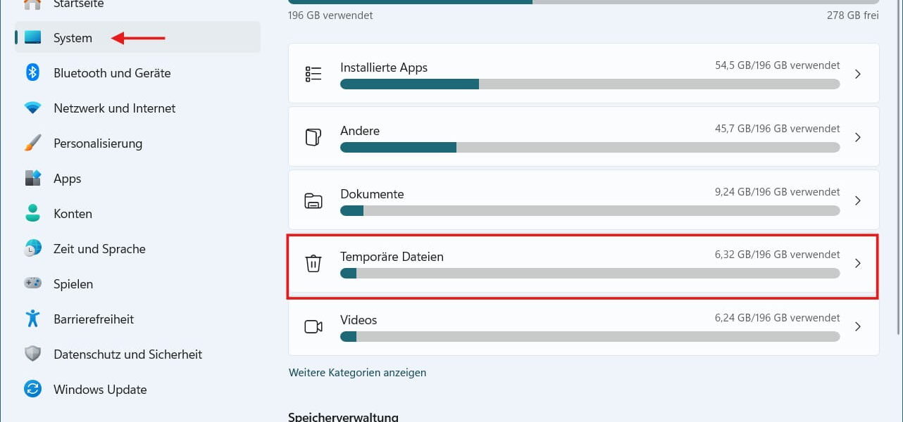 Screenshot der Windows 11 Einstellungen: Menüpunkt 'System' und 'Speicher' mit Fokus auf 'Temporäre Dateien' zum Leeren des Papierkorbs.