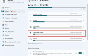 Screenshot der Windows 11 Einstellungen: Menüpunkt 'System' und 'Speicher' mit Fokus auf 'Temporäre Dateien' zum Leeren des Papierkorbs.