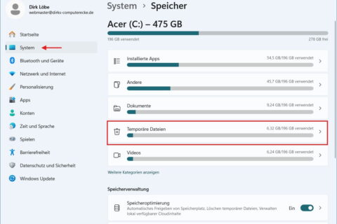 Screenshot der Windows 11 Einstellungen: Menüpunkt 'System' und 'Speicher' mit Fokus auf 'Temporäre Dateien' zum Leeren des Papierkorbs.
