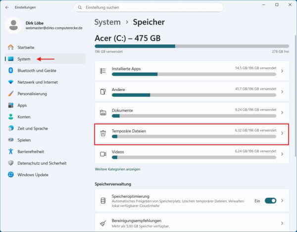 Screenshot der Windows 11 Einstellungen: Menüpunkt 'System' und 'Speicher' mit Fokus auf 'Temporäre Dateien' zum Leeren des Papierkorbs.