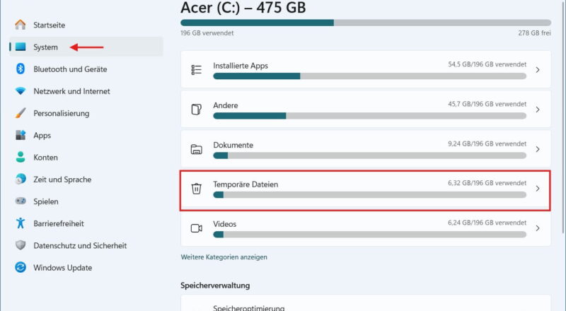 Screenshot der Windows 11 Einstellungen: Menüpunkt 'System' und 'Speicher' mit Fokus auf 'Temporäre Dateien' zum Leeren des Papierkorbs.