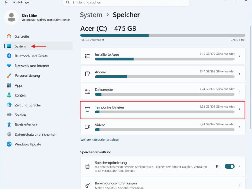 Screenshot der Windows 11 Einstellungen: Menüpunkt 'System' und 'Speicher' mit Fokus auf 'Temporäre Dateien' zum Leeren des Papierkorbs.