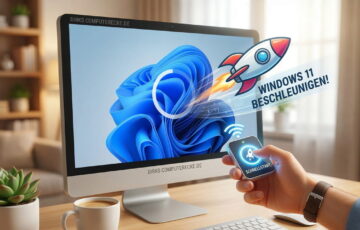 Ein Monitor mit Windows 11 Logo und einer startenden Rakete, die eine optimierte Bootzeit symbolisiert.
