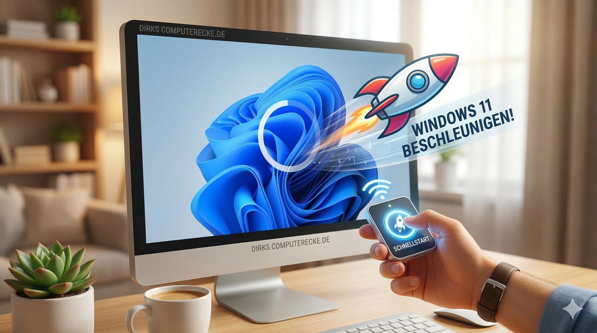 Ein Monitor mit Windows 11 Logo und einer startenden Rakete, die eine optimierte Bootzeit symbolisiert.