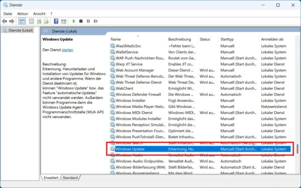 Windows Update Dienst in der Diensteverwaltung stoppen oder deaktivieren