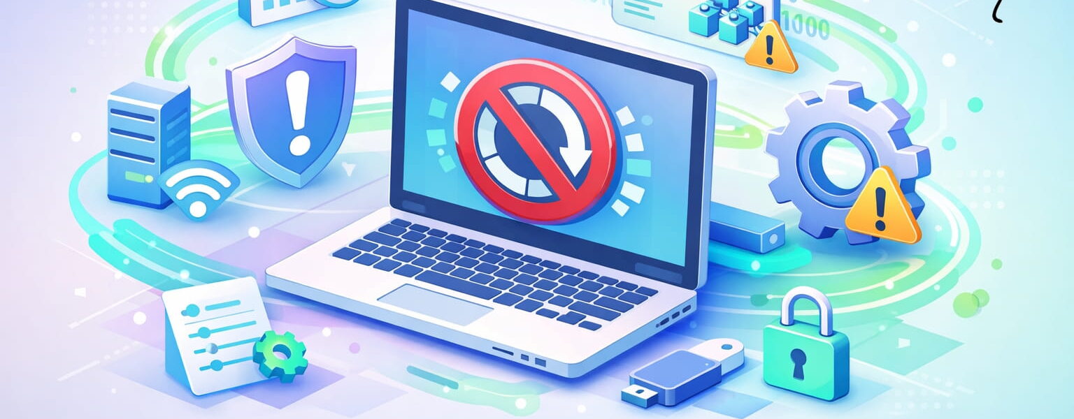 Windows Updates deaktivieren am Laptop mit Symbolen für Sicherheit, Einstellungen und Systemkontrolle