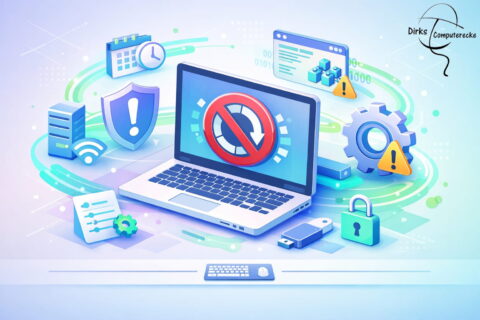 Windows Updates deaktivieren am Laptop mit Symbolen für Sicherheit, Einstellungen und Systemkontrolle