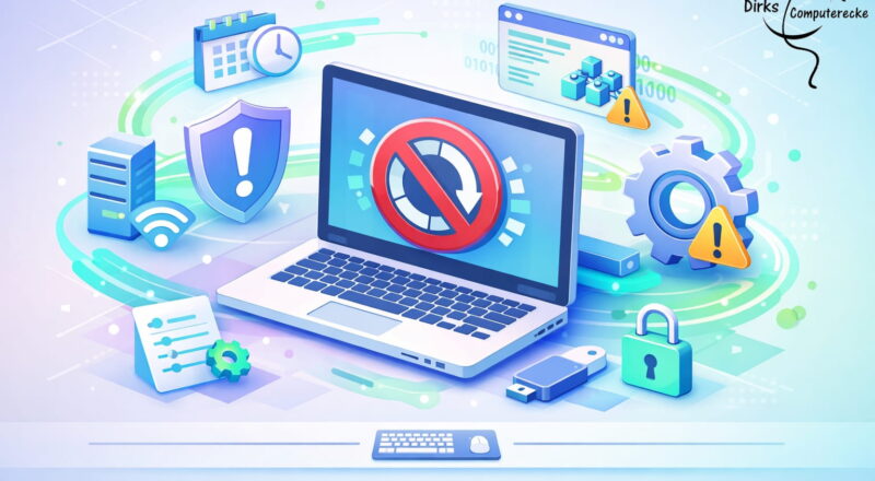Windows Updates deaktivieren am Laptop mit Symbolen für Sicherheit, Einstellungen und Systemkontrolle