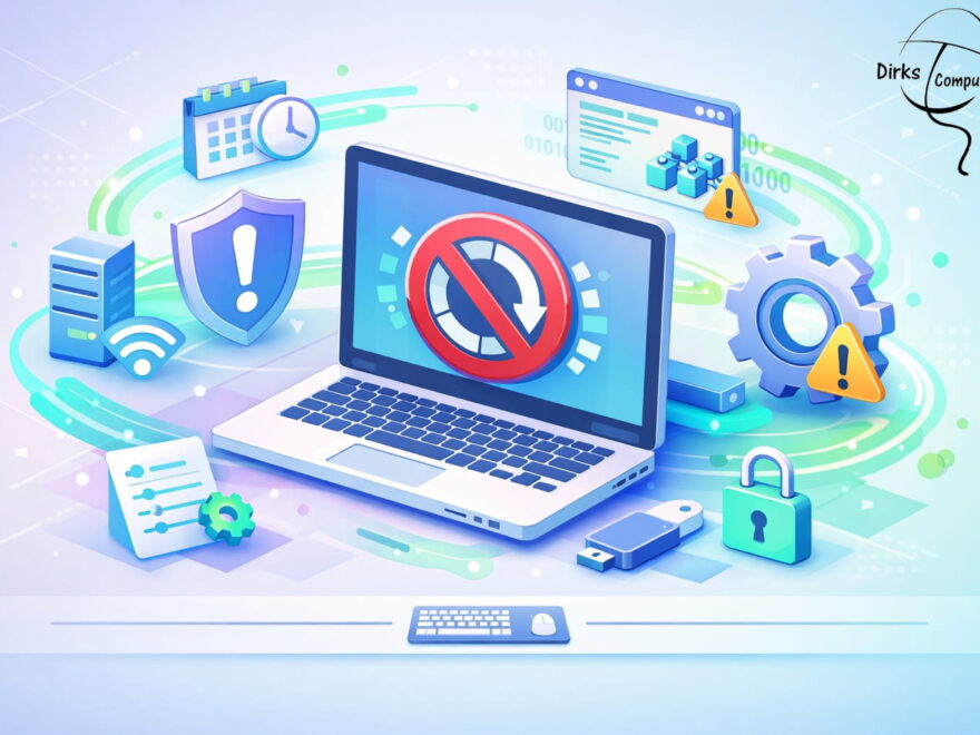 Windows Updates deaktivieren am Laptop mit Symbolen für Sicherheit, Einstellungen und Systemkontrolle