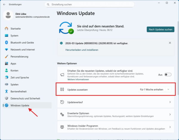 Windows Update Einstellungen mit Option zum Pausieren von Updates