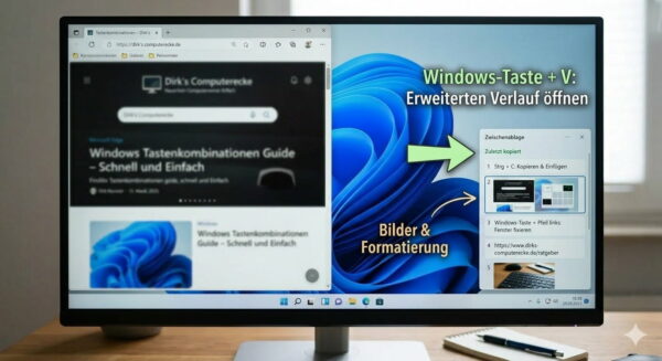 Bildschirmfoto des Windows-Verlaufs der Zwischenablage (Win+V) mit kopierten Texten und Bildern.