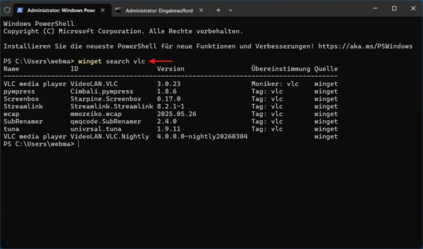 Windows Terminal zeigt die Suche nach Software mit dem Befehl winget search vlc