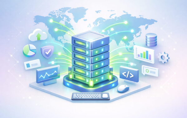 3D-Illustration eines leuchtenden Server-Racks, das über Datenströme mit einer Weltkarte verbunden ist – Darstellung von Internet-Standorten.