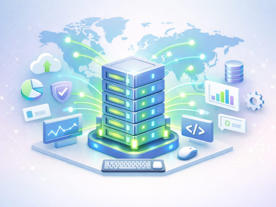 3D-Illustration eines leuchtenden Server-Racks, das über Datenströme mit einer Weltkarte verbunden ist – Darstellung von Internet-Standorten.